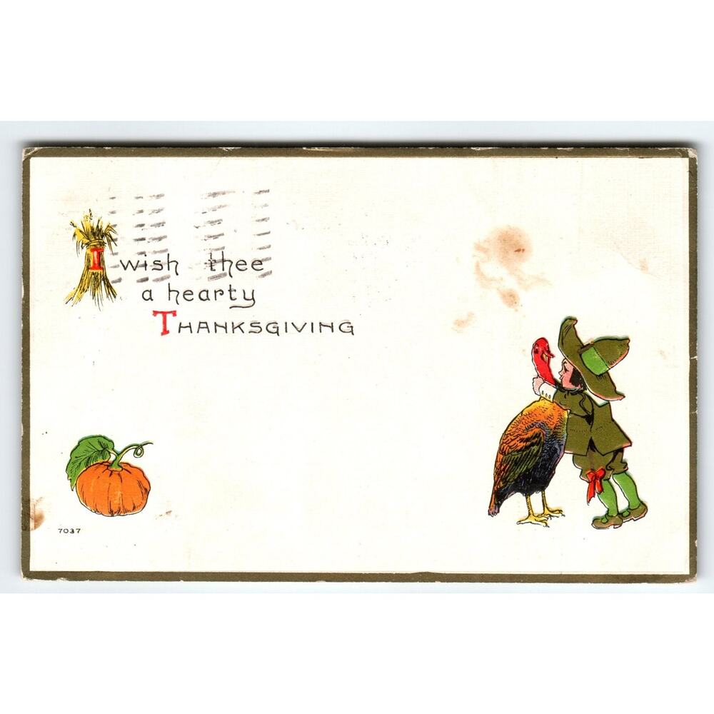 Vintage 1916 Thanksgiving Postcard with Pilgrim Boy & Turkey Lithograph